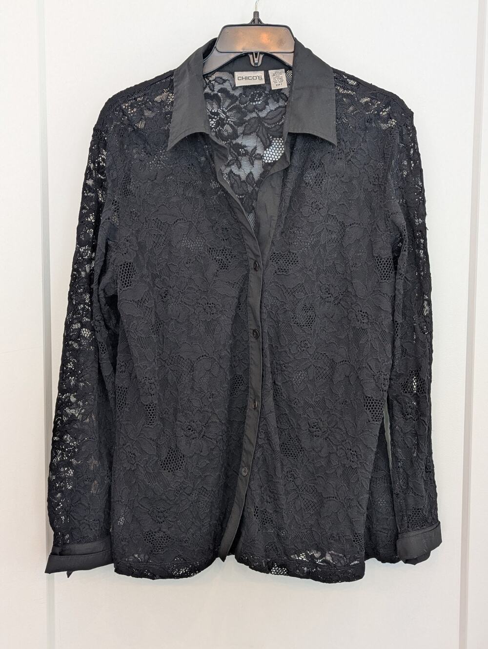 Chico's Black Floral Lace Button Front Shirt Top Sheer Jacket Size 2 Large EUC